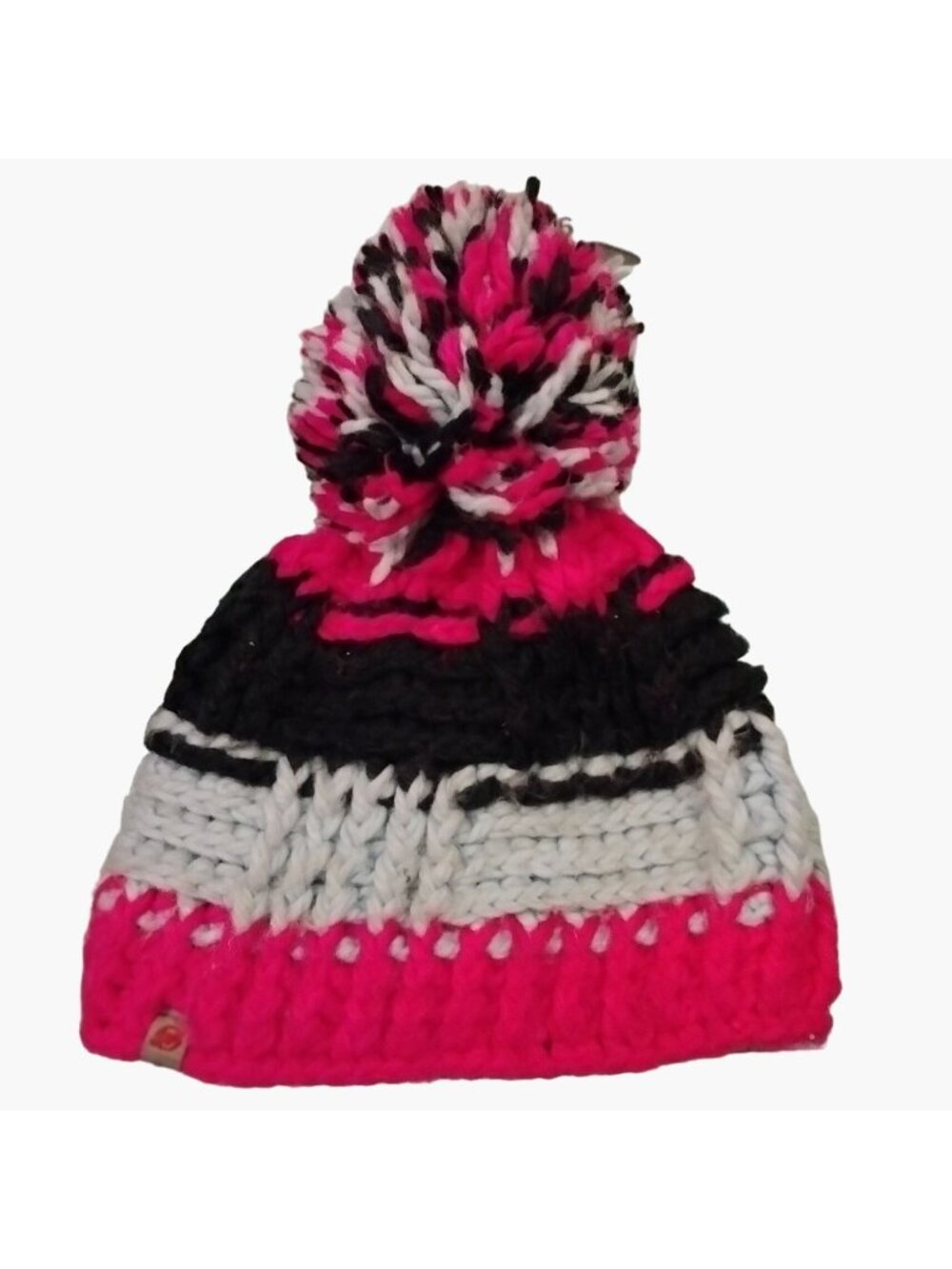 Obermeyer Pom Beanie Hat Hand Knit Pink Black Teens OS